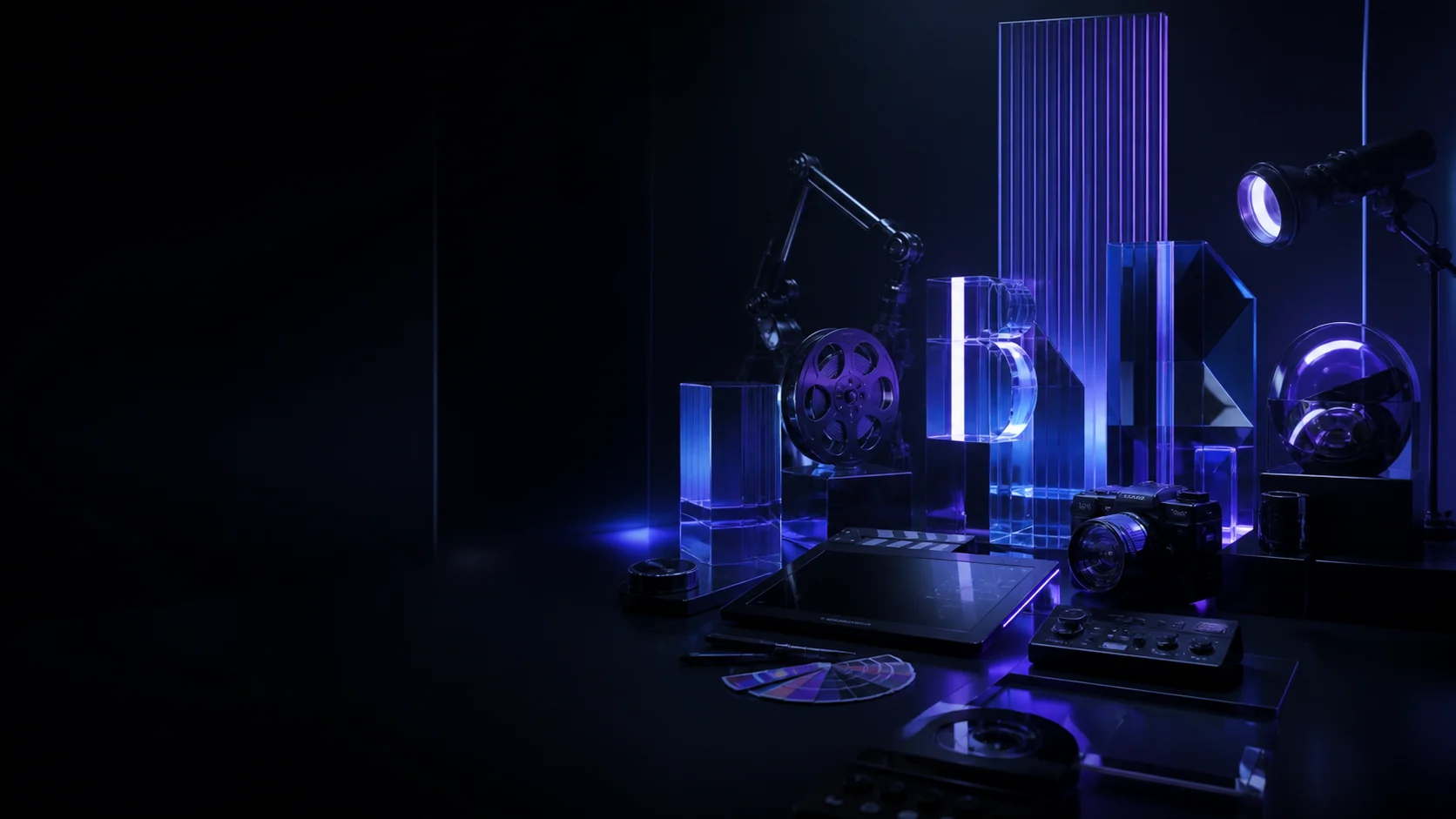 Integrated creative studio tools connected in electric blue and violet light