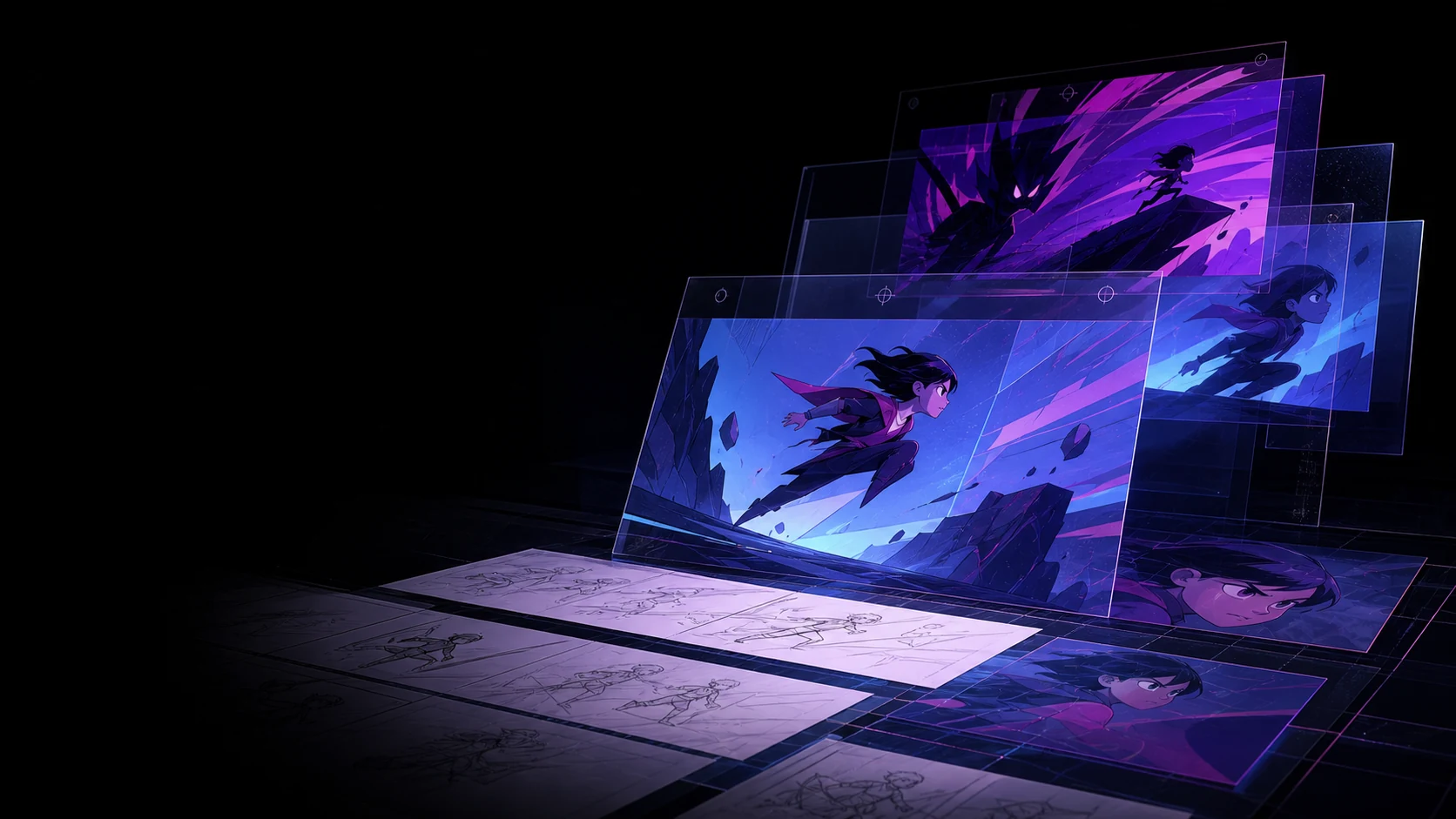 Layered illustrated characters and storyboard frames in a premium animation studio