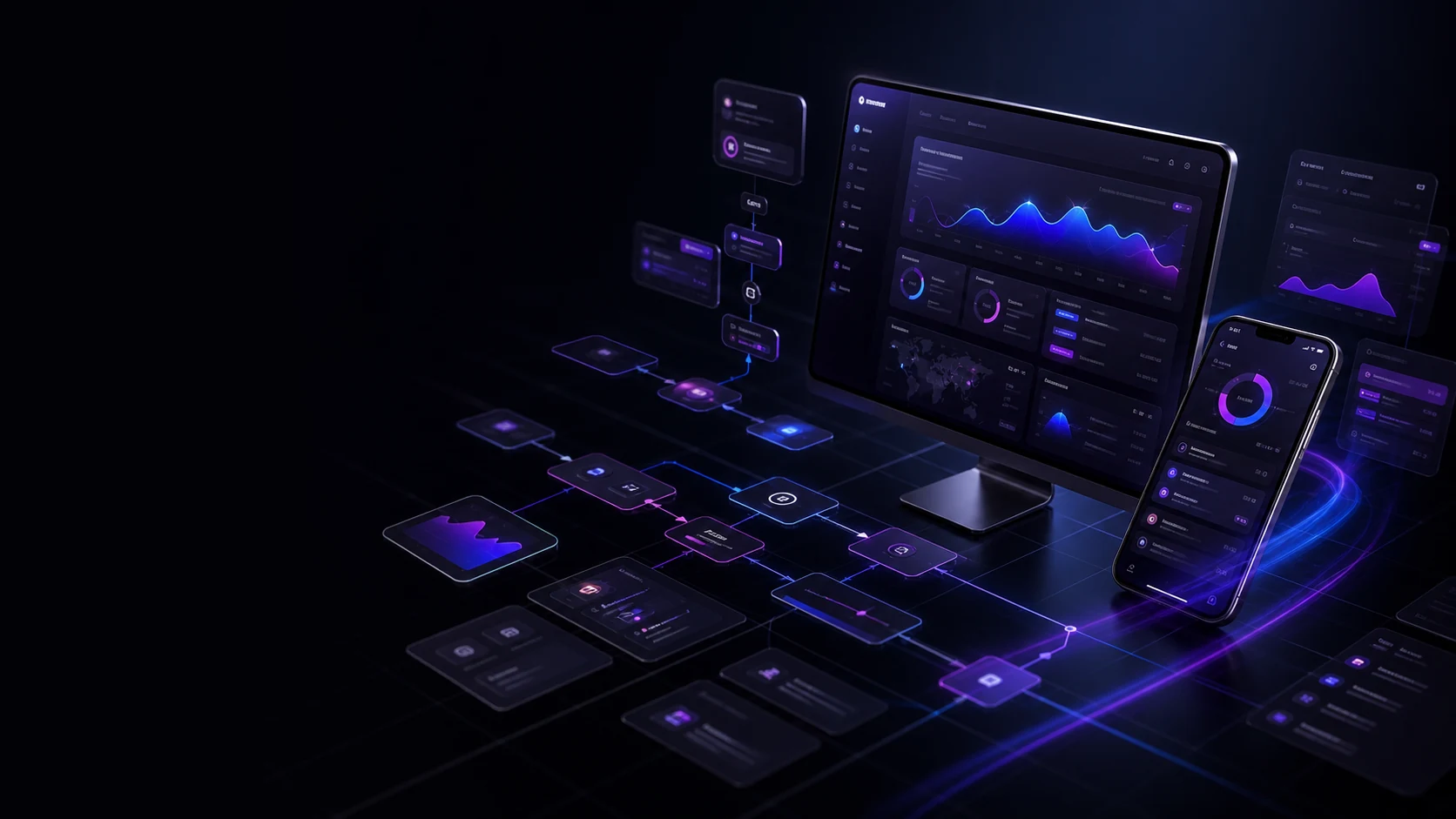 Layered responsive interface screens connected by a luminous user journey