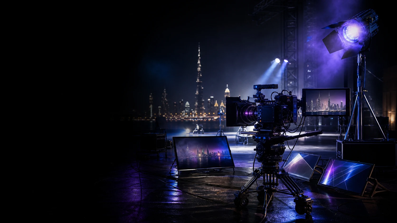 Cinema camera filming a dramatic product scene in a premium dark studio