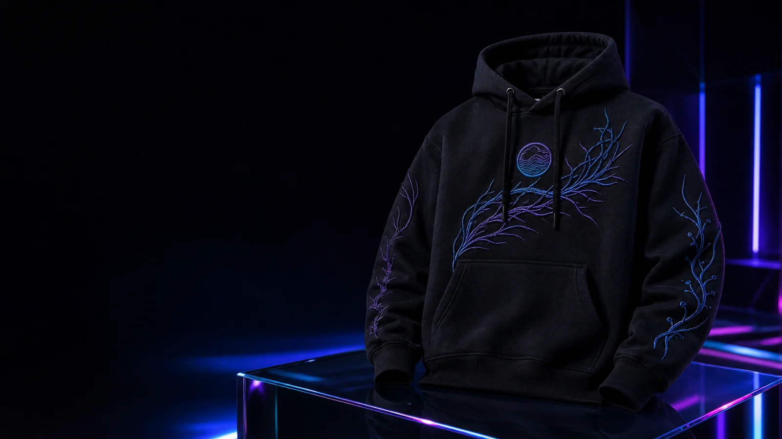 Premium black custom hoodie with electric blue and violet accents in a dark studio