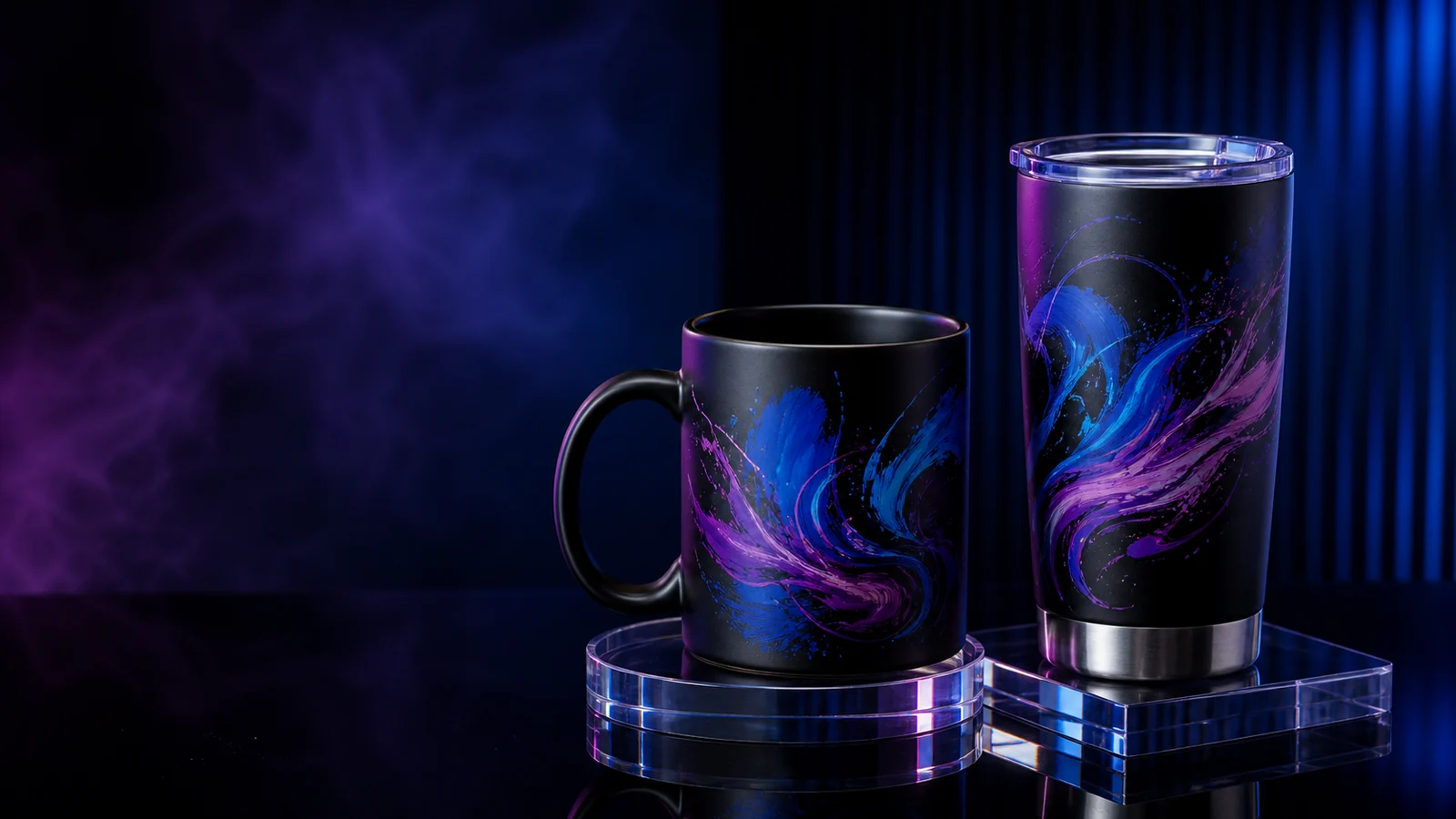 Premium custom mug and tumbler with blue and violet graphics in a dark studio