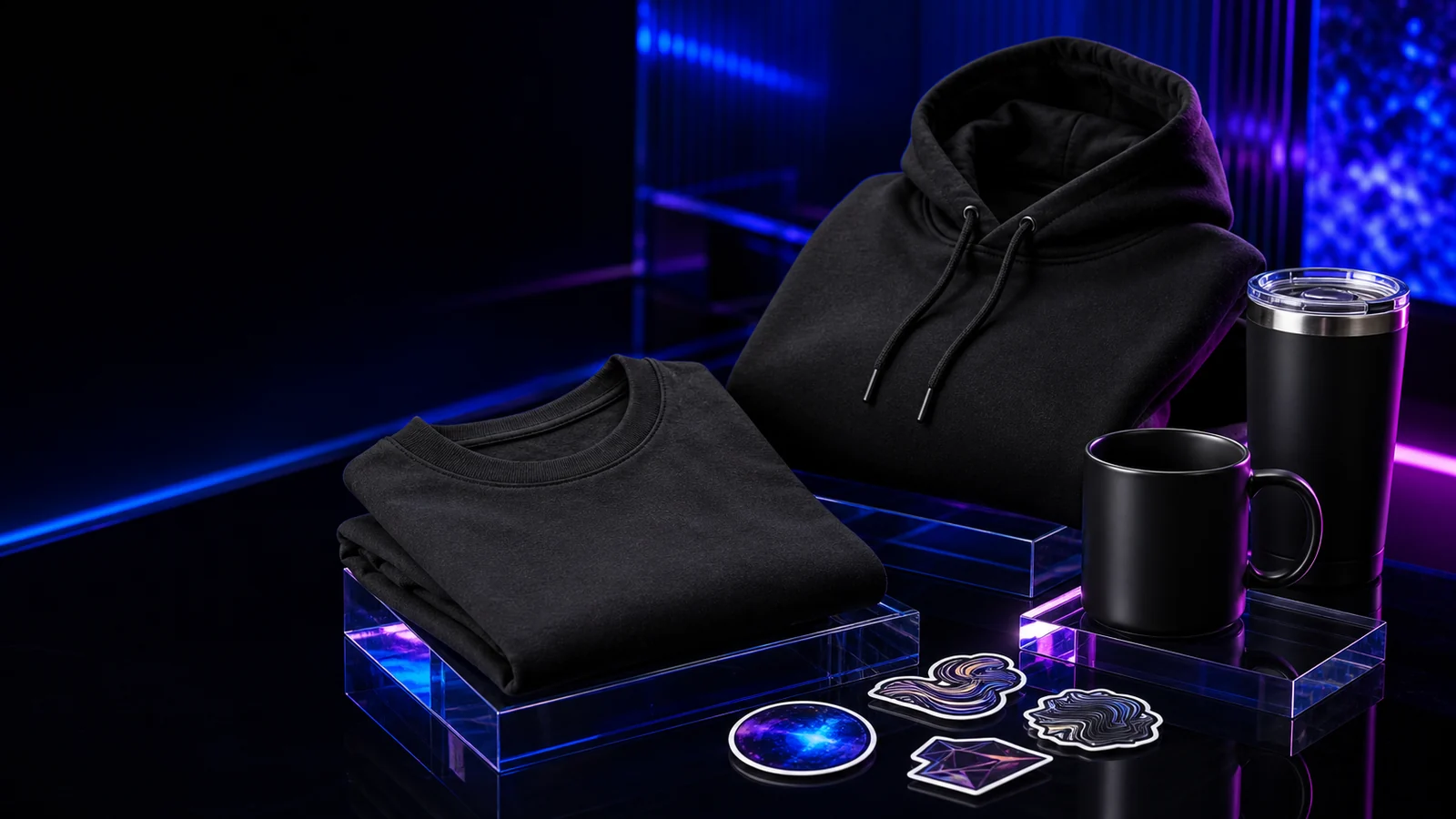Premium collection of custom T-shirt, hoodie, drinkware, and stickers in a dark studio