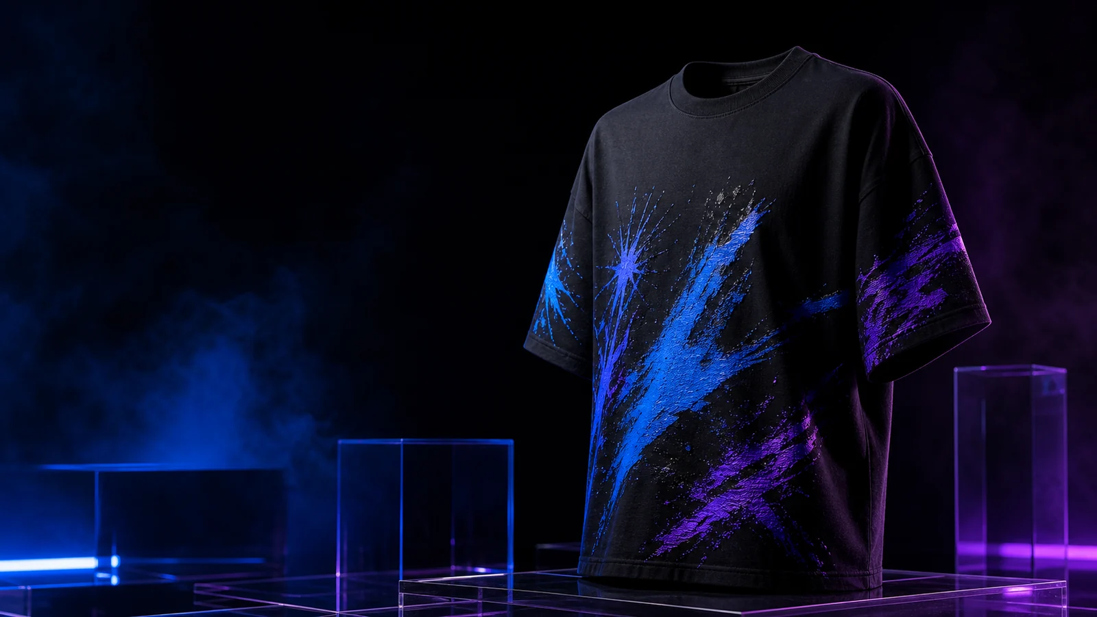Premium black custom T-shirt with blue and violet print detail in a dark studio