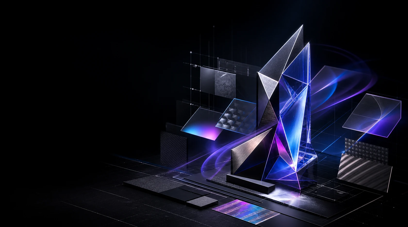Premium brand identity system taking shape in glass, metal, electric blue, and violet light