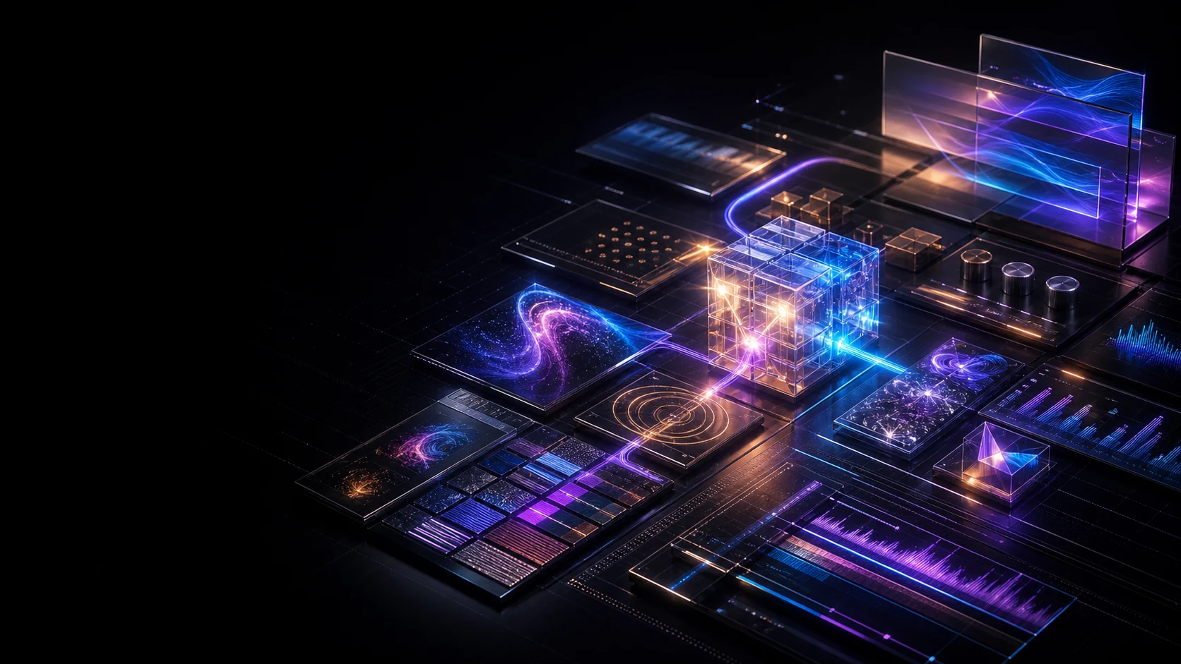 Premium AI creative learning lab with illuminated modular tools and connected project workspaces