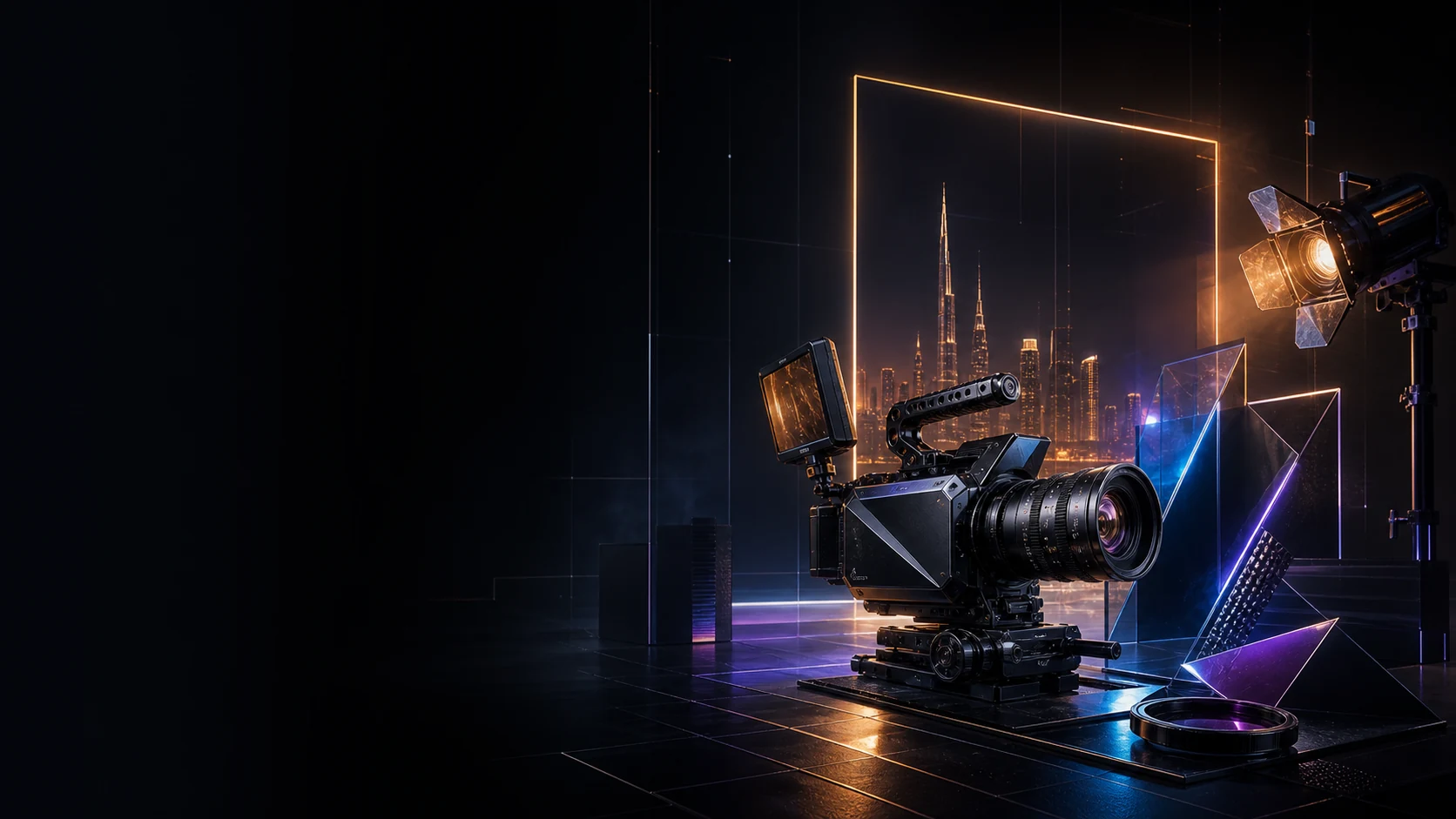 Premium unbranded cinema camera and lighting system framing the Dubai skyline on a dark studio set