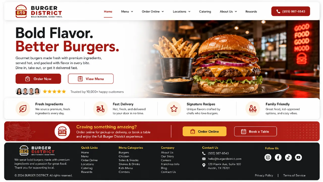 Burger District — Quick Service Dining white-label website design