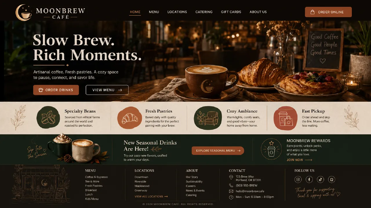 Moonbrew Café — Coffee Shop white-label website design